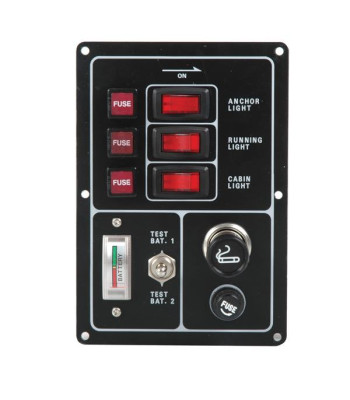 El-panel m/cigaretstik, batterimåler og 3 kontakter, 12V